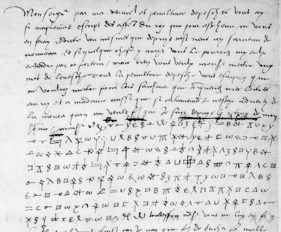 A page of French secretary hand; in its lower half eight lines of drawn cipher signs, then clear text again