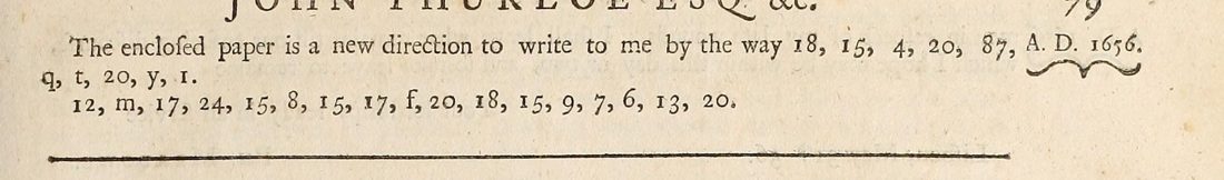 Printed lines: 'The enclosed paper is a new direction to write to me by the way 18, 15, 4, 20, 87, q, t, 20, y, 1.' and '12, m, 17, 24, 15, 8, 15, 17, f, 20, 18, 15, 9, 7, 6, 13, 20.'