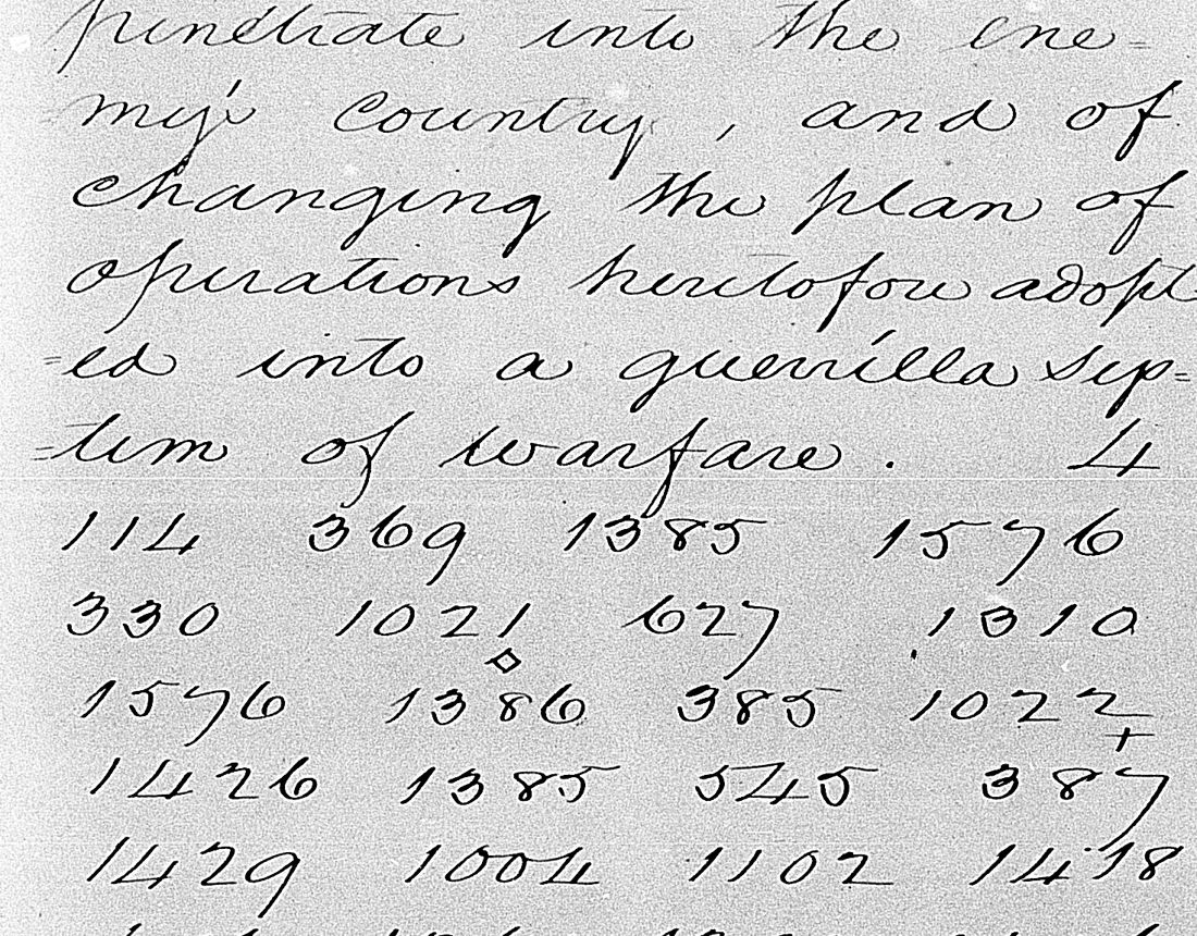 The clear text ending 'a guerilla system of warfare.' followed by columns of code numbers