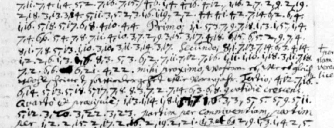 Lines of number pairs in a 17th-century hand, with the Latin words Primo, Secundo, Tertio, Quarto between them