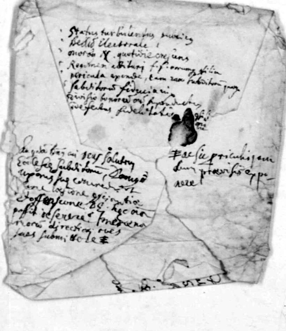 A small folded slip with Latin notes in a 17th-century hand, a list of eight short items and a longer note below