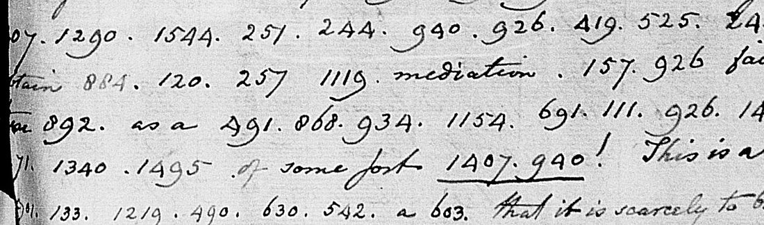 Five handwritten lines of dotted code numbers with a few clear words: mediation, fails, as a, of some sort, This is a