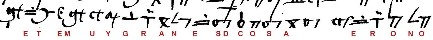 A line of cipher signs from f. 122r with the letter each cluster carries printed in red beneath it