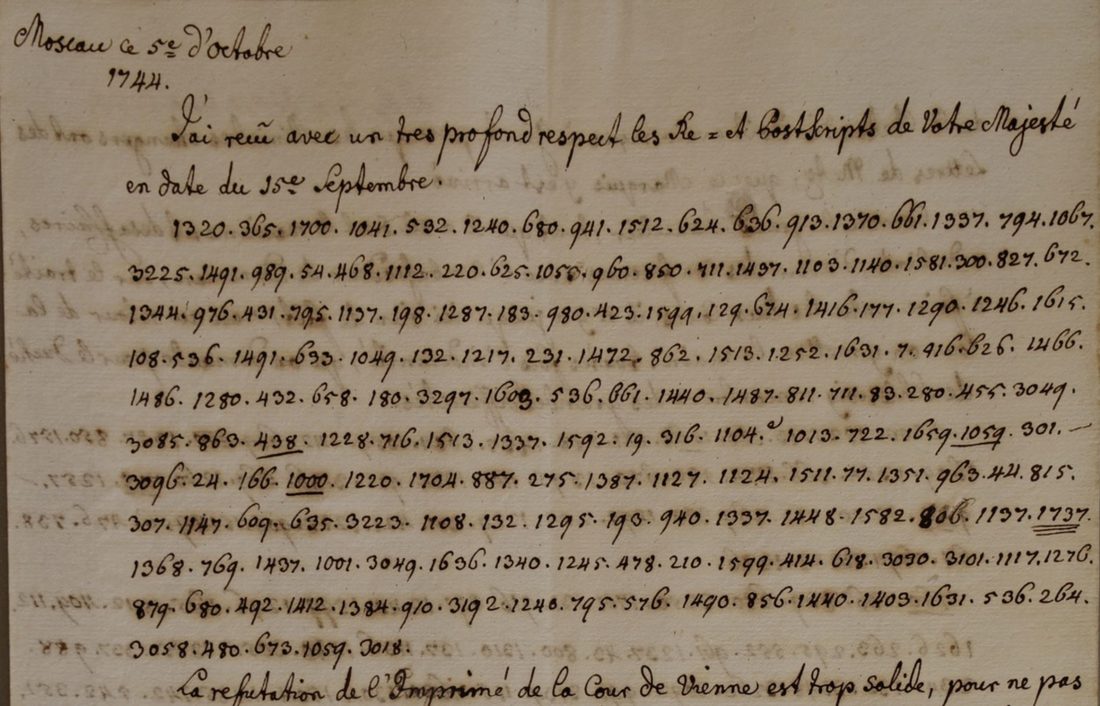 Upper part of a letter headed 'Moscau ce 5e d'octobre 1744', a clear opening sentence, eleven lines of numbers separated by dots, and a clear sentence beginning 'La refutation de l'Imprim&eacute; de la Cour de Vienne'
