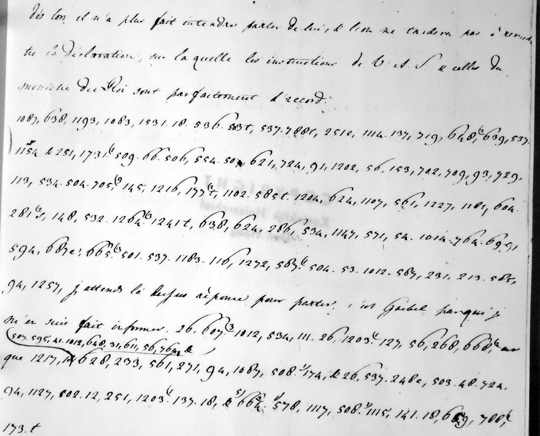 The cipher page of R2238: three lines of clear French, then rows of comma-separated figure groups, with a boxed interlinear insertion