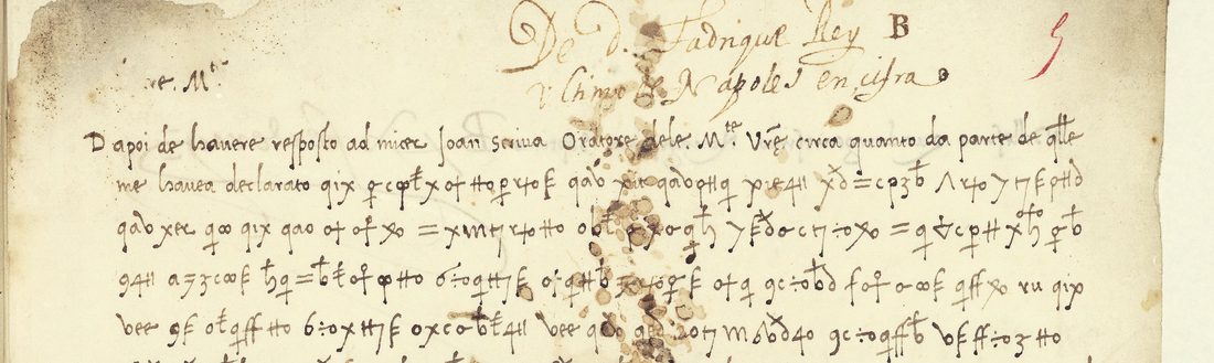 The head of a letter: an endorsement, a clear first line, then lines of letter groups and signs