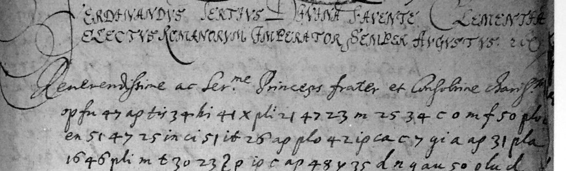 The opening lines of the 1640 letter: the clear address Reverendissime ac Ser.me Princeps frater et consobrine charissime, then lines of numbers and letter groups such as op fu 47 ap tis 34 hi 41 x pli