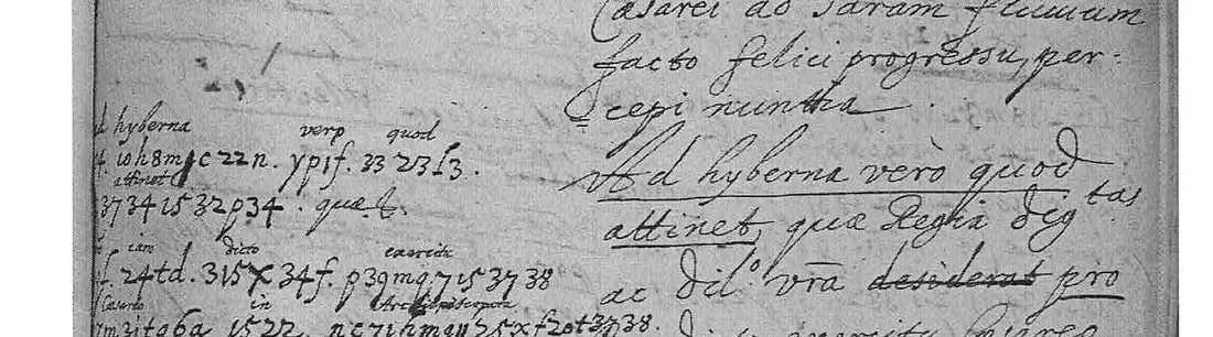 The Cardinal-Infante's draft: on the right the Latin text with the passage Ad hyberna vero quod attinet underlined, in the left margin the secretary's encipherment with words glossed above it