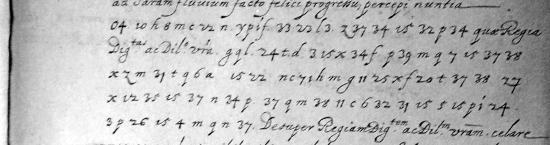 Five lines of the 1635 letter: cipher numbers and letters, with clear words quae Regia Dig.tas ac Dil.o vra and Desuper Regiam