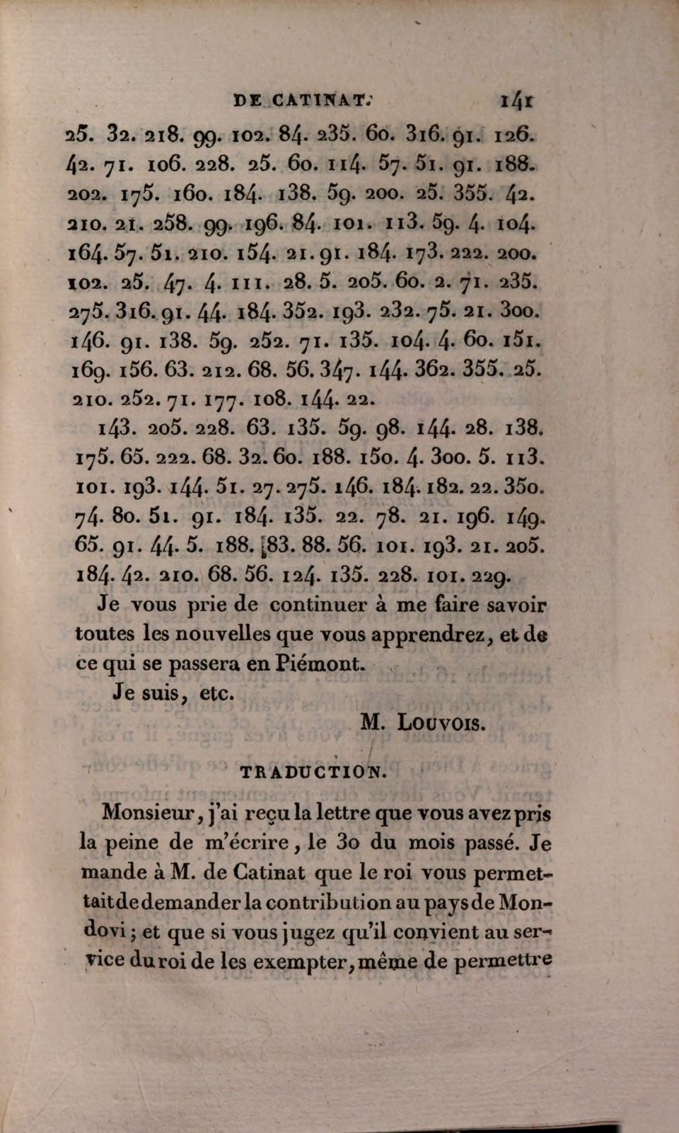 Mémoires de Catinat, 1819, vol. I p. 141, the ciphered letter of Louvois to d'Herleville with its translation