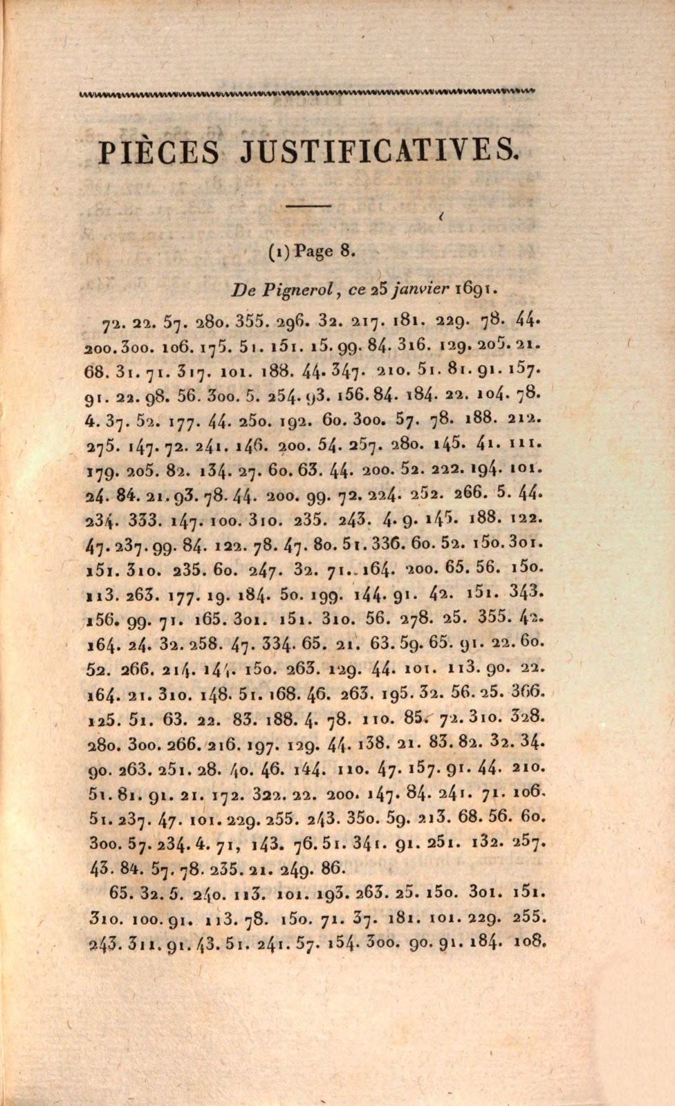 Mémoires de Catinat, 1819, vol. II p. 283, the ciphered despatch of 25 January 1691