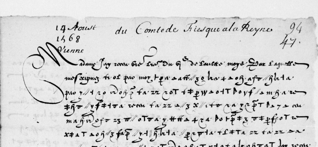 Top of a page: a clear opening, Madame Jay receu vostre lettre, then lines of cipher