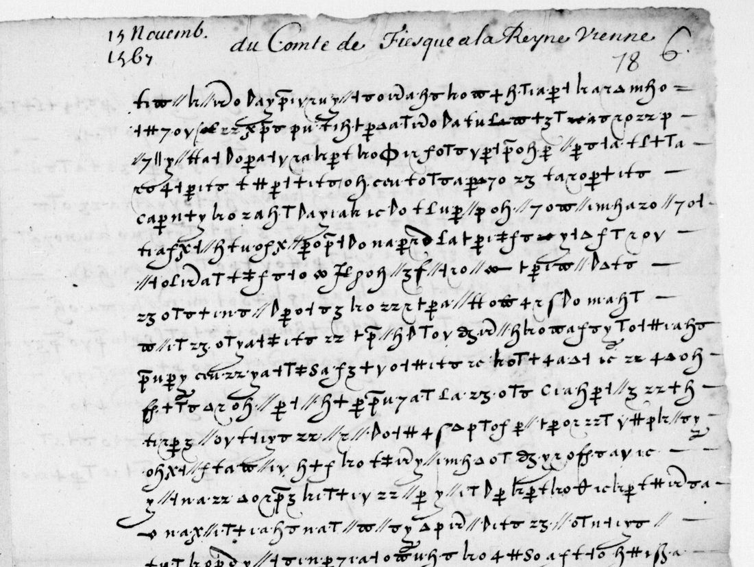 Upper half of a page of cipher signs headed 15 Novemb. 1567, du Comte de Fiesque a la Reyne, Vienne