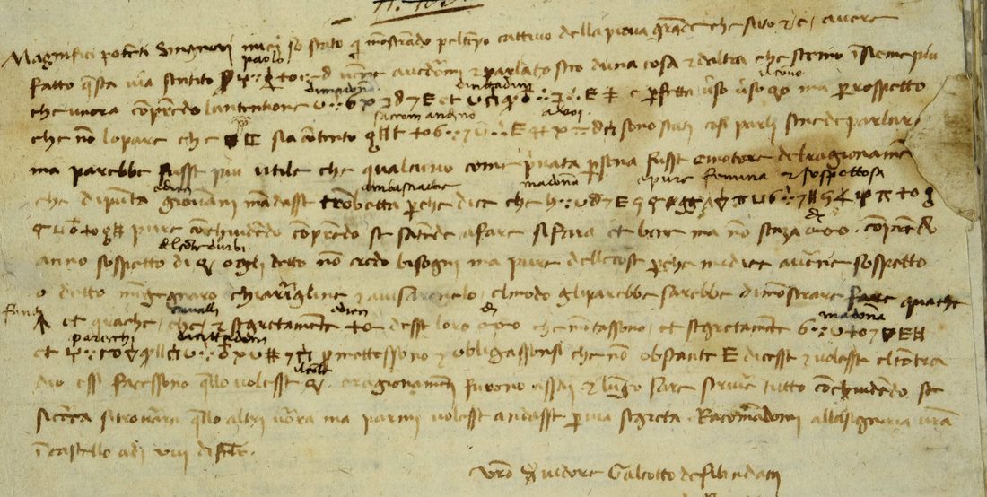 ASF Dieci di Balia Responsive 2 no. 171: a one-page letter with runs of cipher signs and small interlinear glosses