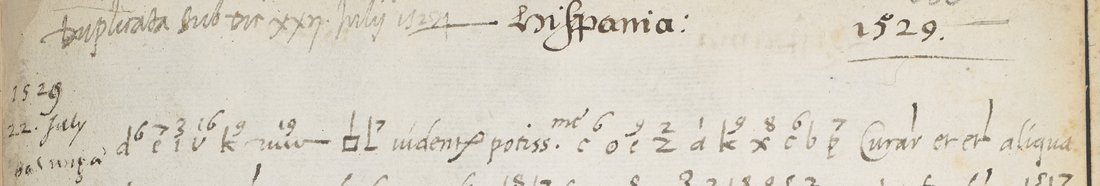 Top of the page: 'Dupplicata sub die xxii Julii 1527' struck through, 'Hispania', '1529'; below, the first lines mixing clear Latin and signs with small superscript digits