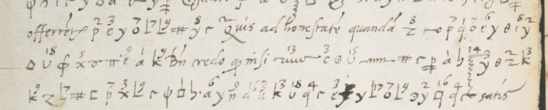 Three lines of the letter: 'offerret' then cipher signs, clear 'Quis ad honestatem quandam', cipher; 'Bn credo quod nisi' then cipher; a full line of cipher ending 'satis'