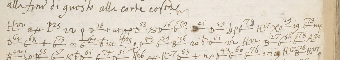 End of a clear Italian line, 'alla fine di questo alla corte cesarea', then two lines of cipher: barred B, D and G signs with two-digit numbers above them, and short letter groups