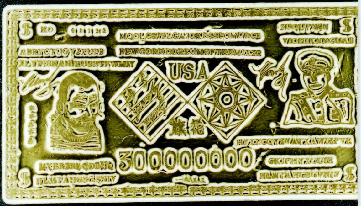 A gold bar stamped with USA, the figure 300000000, two portraits, and rows of Latin-letter cryptograms