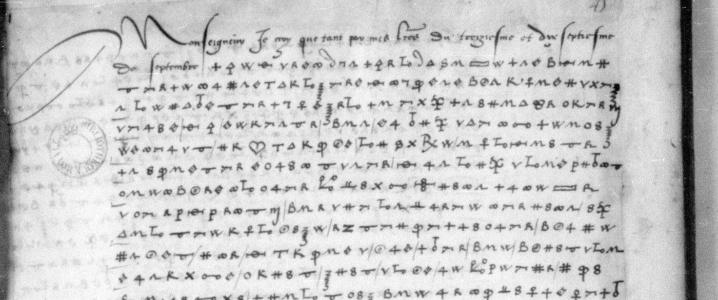 BnF fr. 3091 f. 45r, the clear opening Monseigneur, je voy que tant par mes lettres du treziesme et du septiesme de septembre, and the first twelve lines of cipher