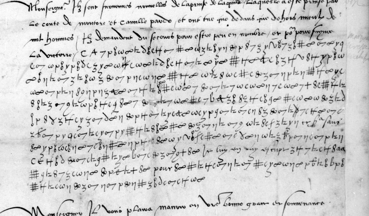 BnF fr. 3083 f. 21r, the eleven cipher lines of Langeac's letter between the clear news from the Abruzzi and the close
