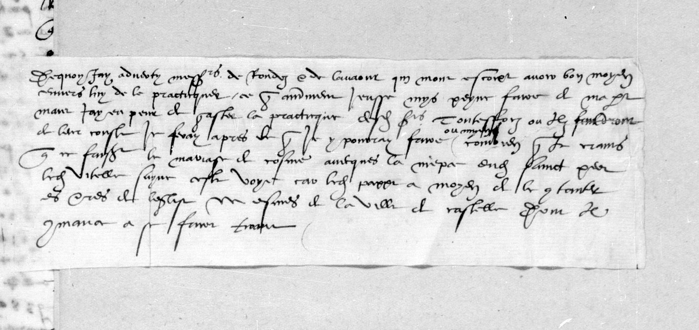 BnF fr. 3071 f. 9bis, the pasted slip with the contemporary decipherment of the f. 9v cipher: De quoy j'ay adverty messrs de Rodez et de Lavaur