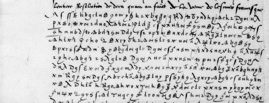 BnF fr. 3071 f. 17r: the last clear line, ending with Francisque, and the first eleven lines of the cipher block