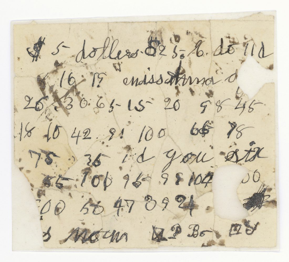 A torn scrap with dollar amounts and columns of figures, a few clear words, and three cipher signs on the last line