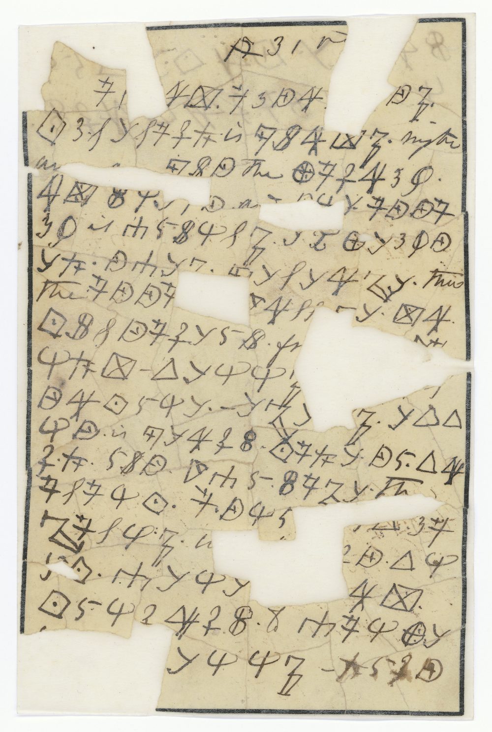 The mourning-paper leaf, side 1: seventeen lines of symbols with a black border, the paper broken into fragments