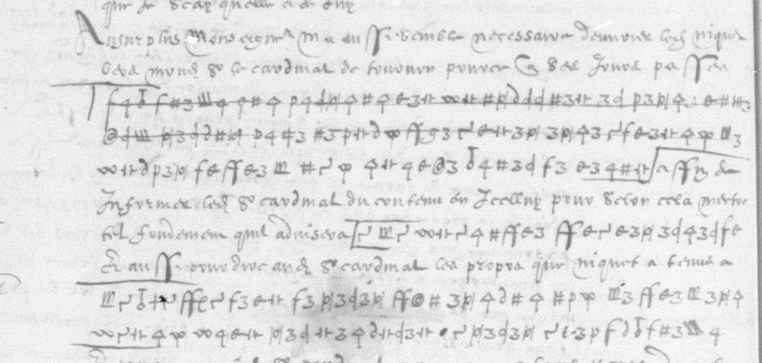 BnF fr. 3138 f. 60v, lines of invented symbols between lines of clear French