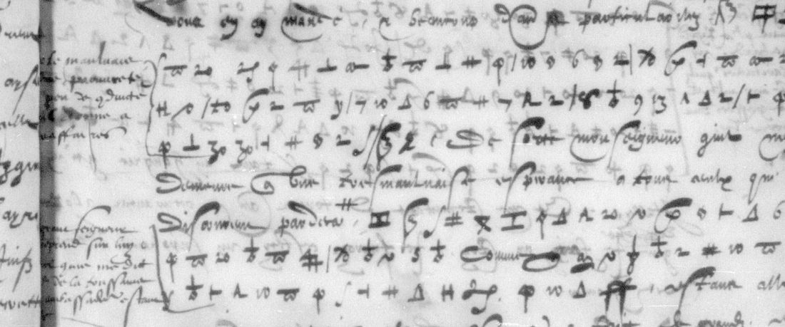 Cipher lines with a column of clear words in the inner margin