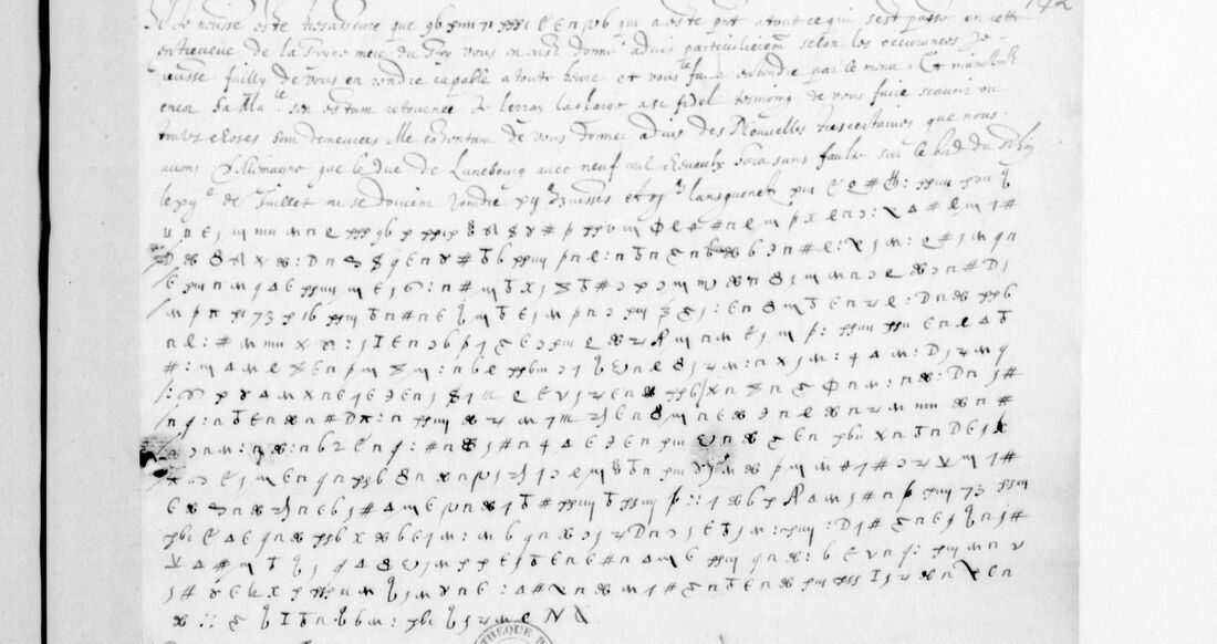 BnF fr. 15564 f. 142, clear news lines and the cipher below