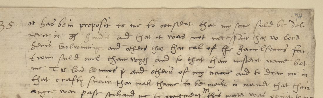 Top of f. 74r, the decipherment in a Scots secretary hand
