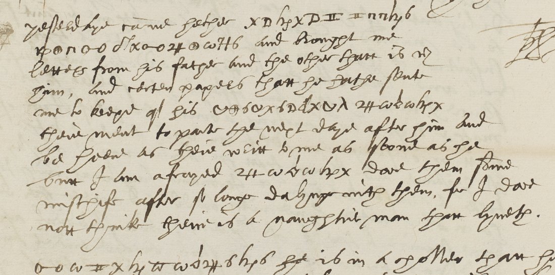 Postscript of a handwritten English letter with runs of cipher signs set into the lines