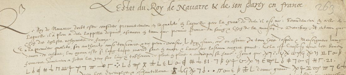 Top of f. 263r: the heading in a secretary hand, and the first lines, where cipher signs run into the French text
