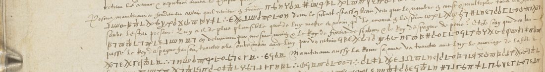 A band of f. 263v: lines of graphic cipher signs between lines of clear French, with dot groups among the signs