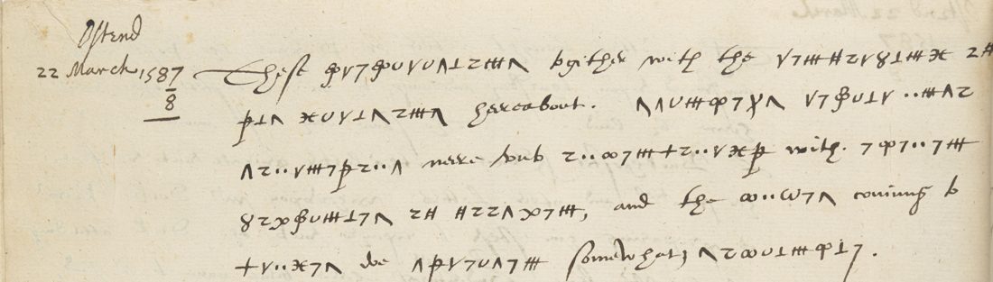 Harley MS 287 f. 70v, the head of Cobham's letter of 22 March 1587/8, with the cipher runs in the clear English
