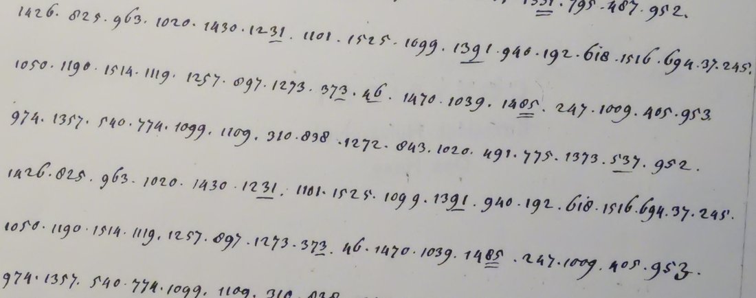 Six lines of dotted three- and four-digit code numbers, the last three repeating the first three