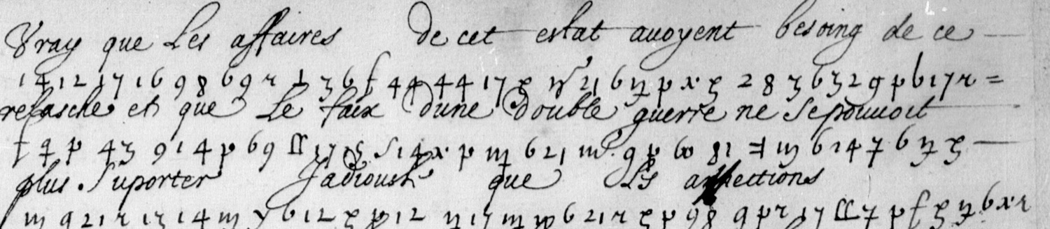 Folio 73 recto of BnF Français 3669: lines of figure cipher with the French plaintext written underneath each line in a contemporary hand