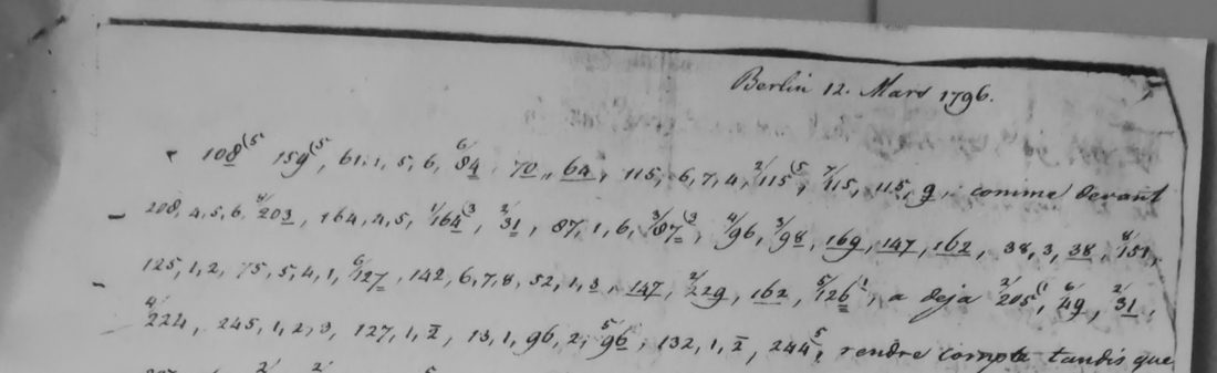Head of R2239: Berlin 12. Mars 1796, then lines of numbers with small superscript marks and a few clear words