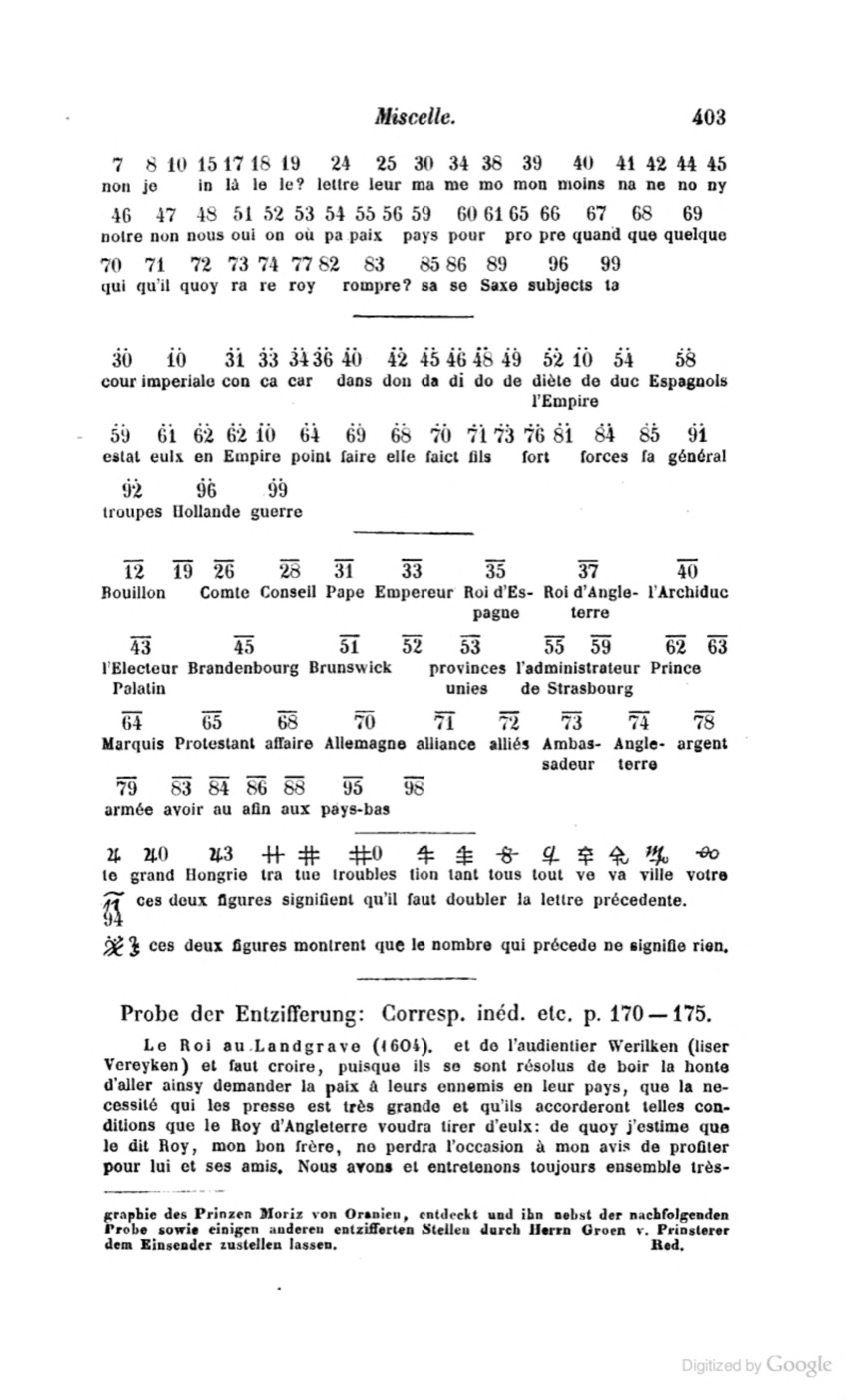 Allgemeine Zeitschrift für Geschichte V (1846), p. 403: Rommel's word lists and symbols of the Henri IV–Hesse cipher
