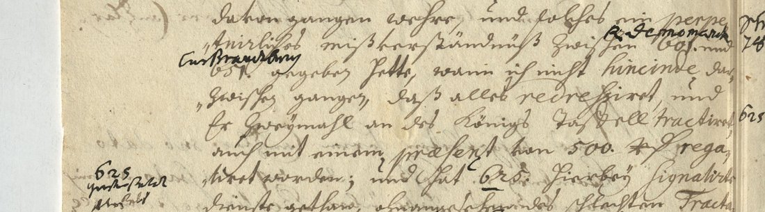 German handwriting with three-digit numbers, glossed above in a darker hand: K. Dennemarck over 601, Curbrandenburg over 651, and 625 in the margin