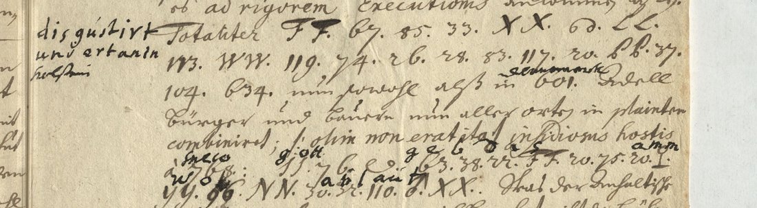 Lines of numbers and doubled capitals between German words, with a margin note 'disgustirt und erta?in holstein' and letters written above the lower passage