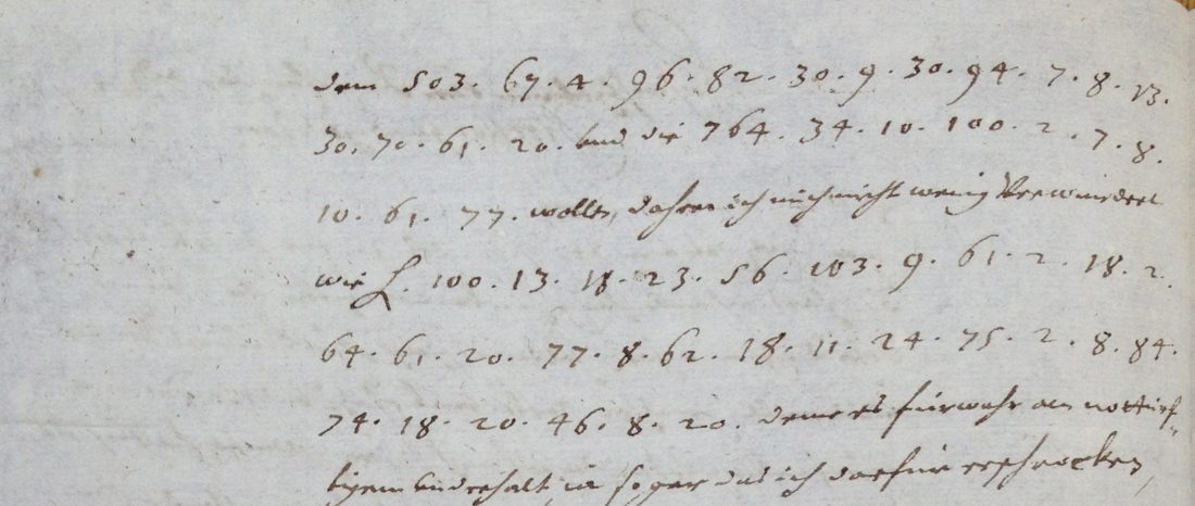 Head of a page of figures separated by points, with words of clear German between the runs