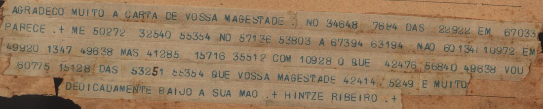 Printed telegraph strips on an Italian form: clear Portuguese words with 29 code groups among them, signed HINTZE RIBEIRO