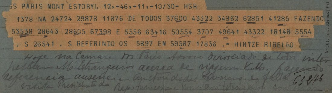 Printed telegraph strips with code groups and clear Portuguese words, signed HINTZE RIBEIRO, and four faint handwritten lines of decode below