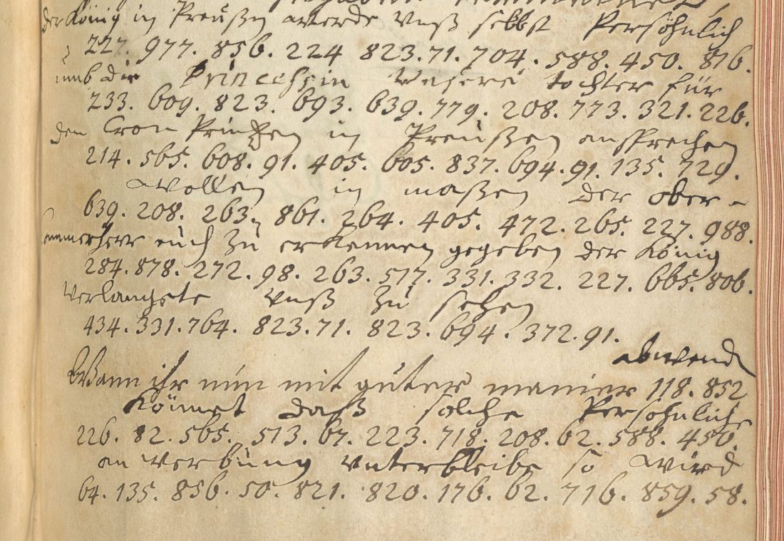 German letter of 1706 with lines of code and Kurrent glosses above them