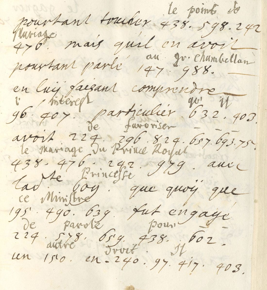 Heusch's letter of 1705 with code groups and their interlinear decipherment
