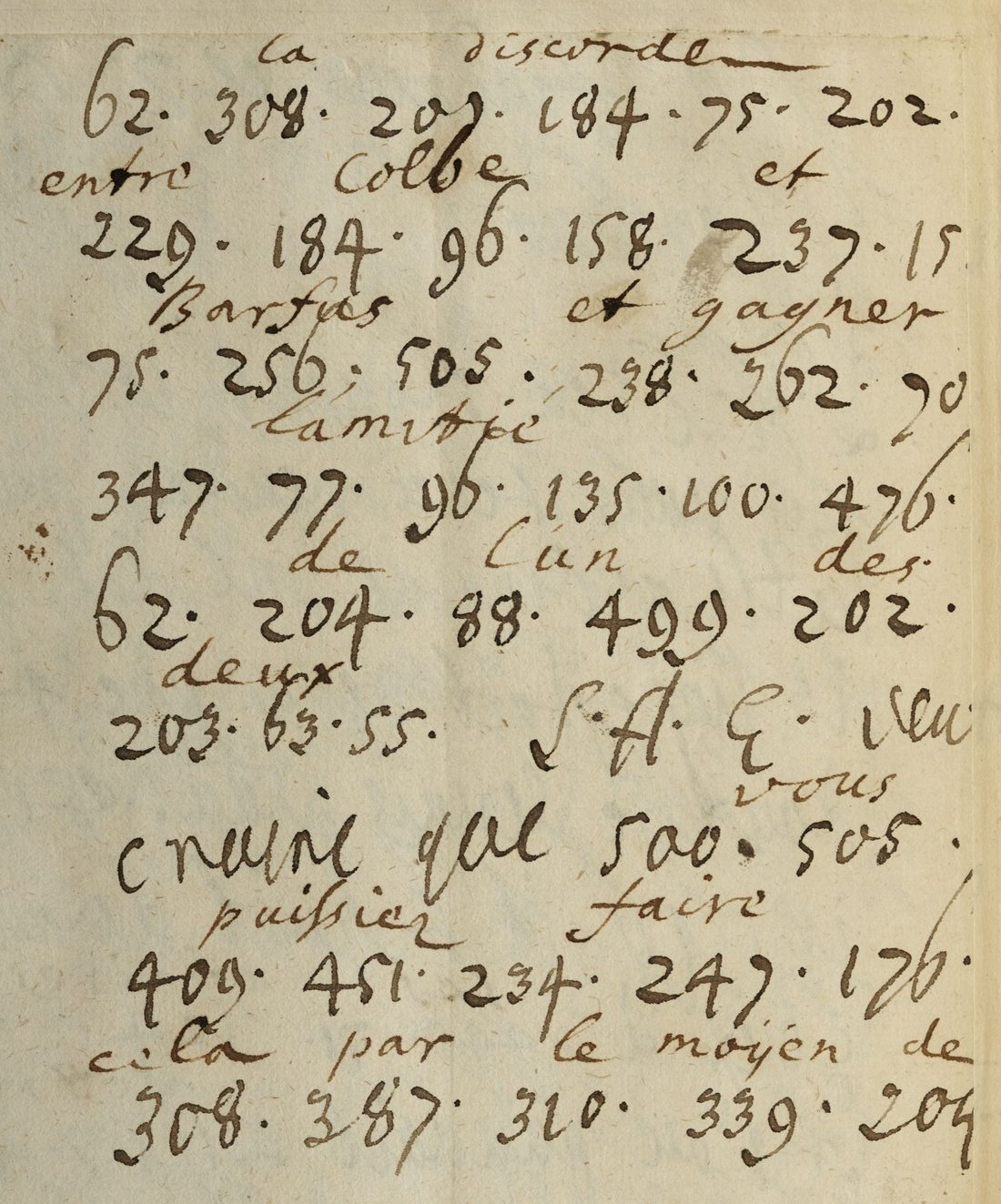 Hattorf's letter of 1697: lines of numbers with French words written over them in a lighter ink