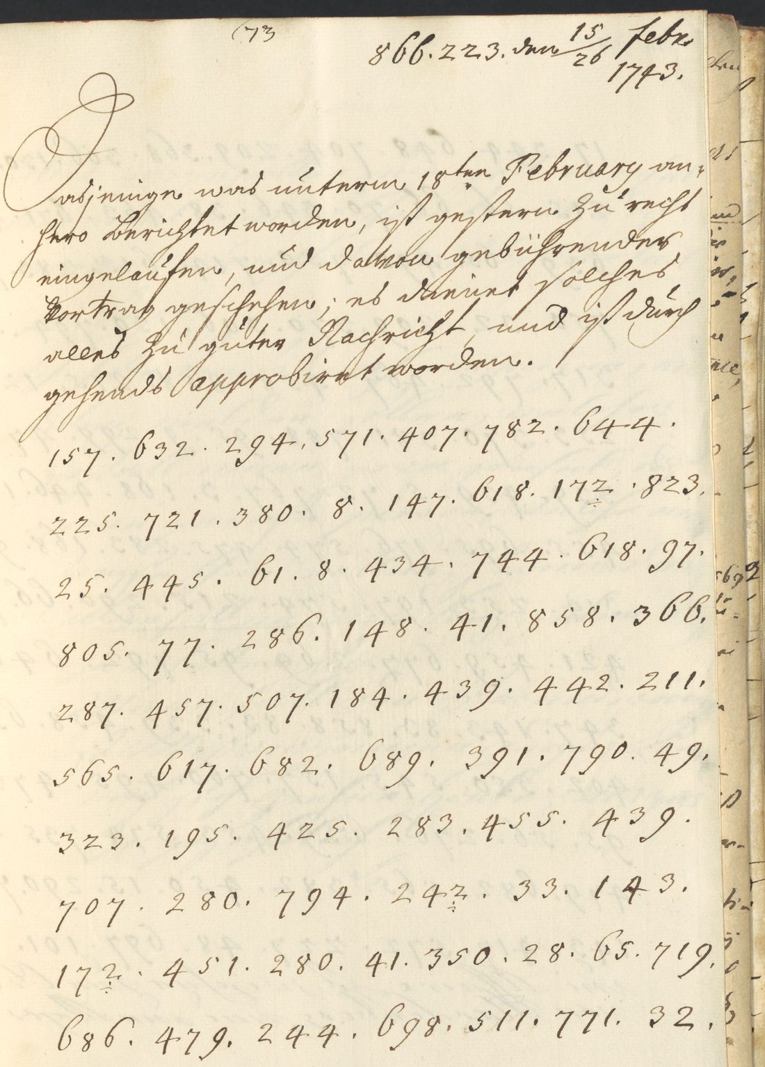 A German letter dated 1743 whose lower half is lines of dotted numbers