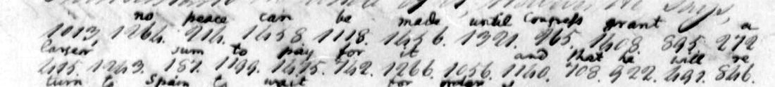 Two lines of code numbers in Barclay's hand with Jefferson's decoding above: no peace can be made until Congress grant a larger sum to pay for it